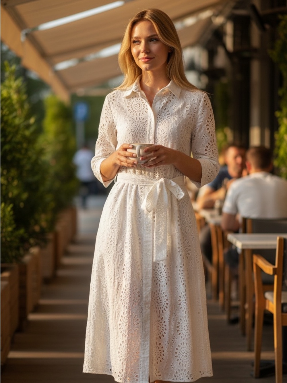 Zara White Eyelet Midi Shirt Dress with Tie Waist